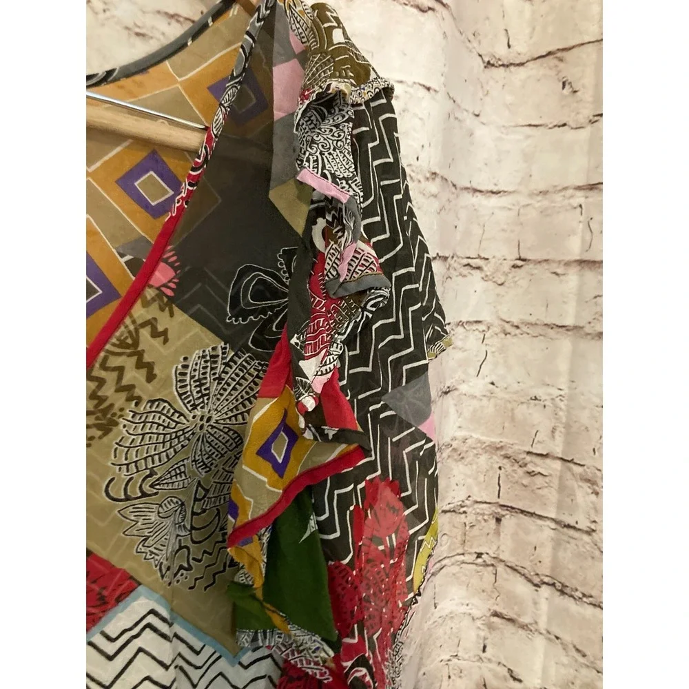 Pinkerton Dress Womens Medium Silk Ruffle Retro Geometric Lightweight Semi Sheer - Picture 3 of 14